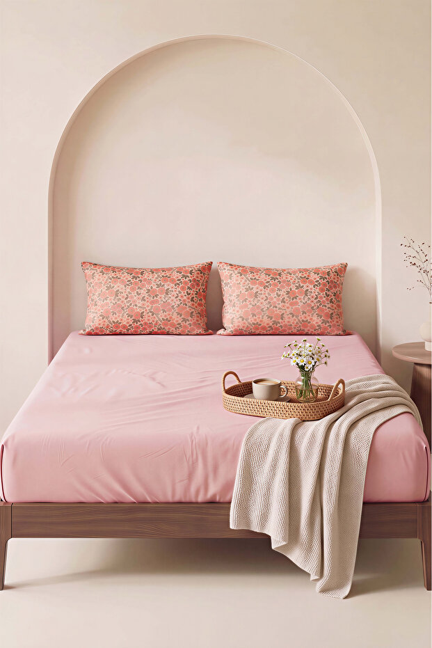 Powder Pink Spring Double Elastic Bed Sheet Set 160X200 cm - 3 Pieces