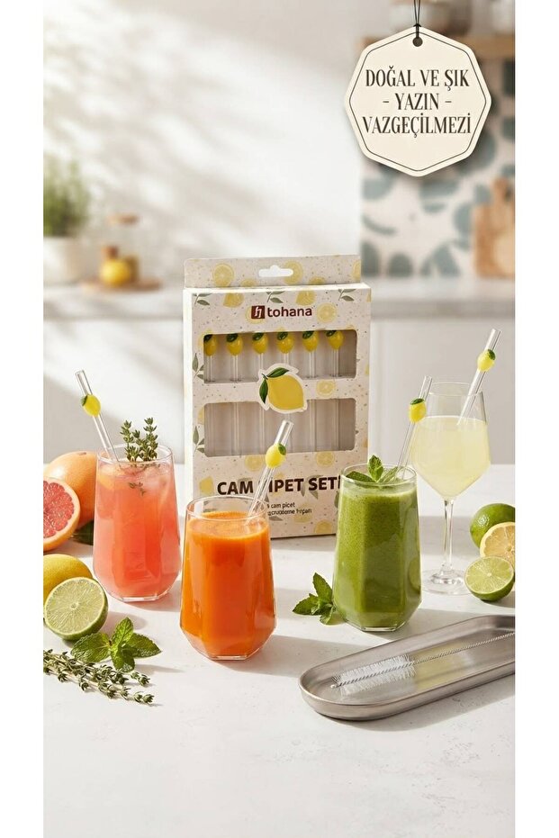 6 Pieces Borosilicate Glass Straws with Lemon-Shaped Decorations and Cleaning Brush Set (Boxed)
