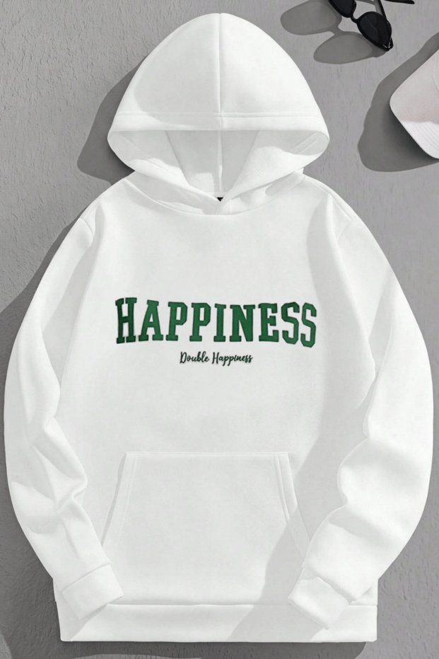 Unisex 3 Thread Cotton White Happiness Print Loose Fit Sweatshirt Hoodie