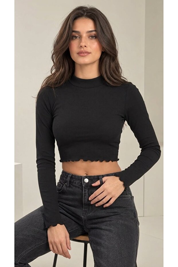 Women's Black Stand Collar Long Sleeve Baby Overlock Detailed Viscose Crop Blouse