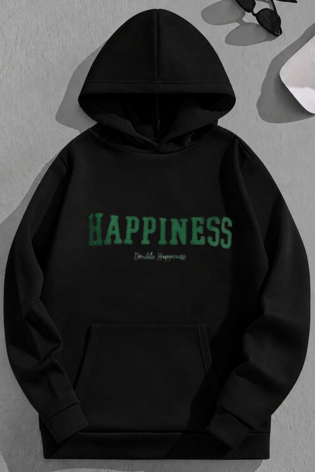 Unisex 3 Thread Cotton Black Happiness Print Loose Fit Sweatshirt Hoodie
