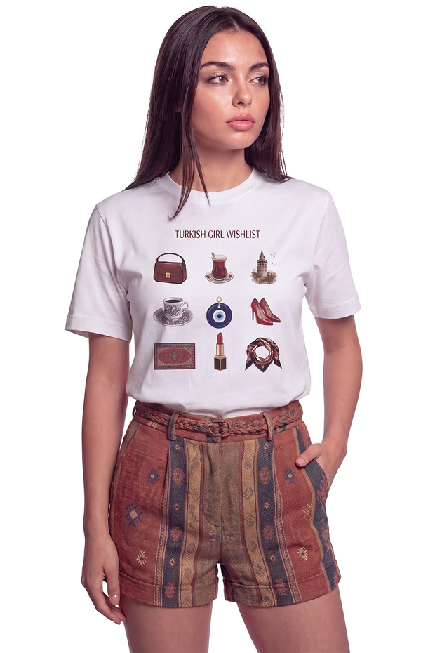 Women's Turkish Girl Wishlist Istanbul and Turkish Culture Themed Printed Relaxed Fit T-Shirt White