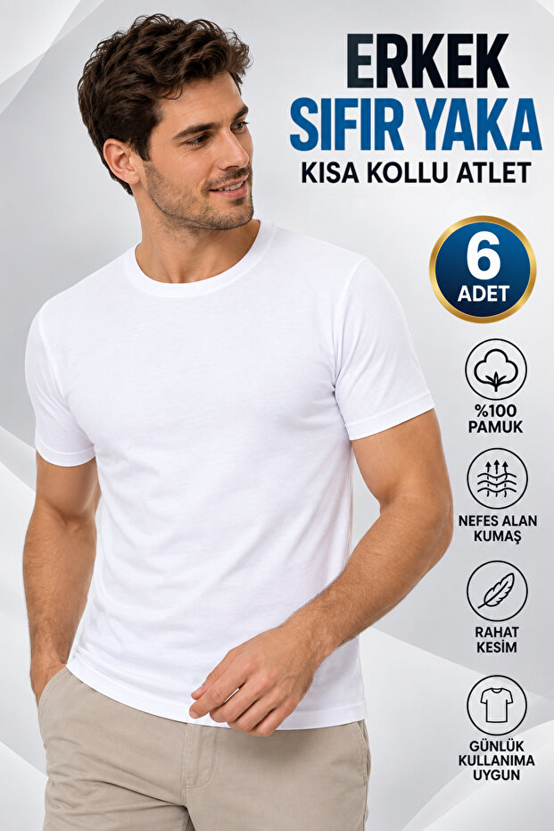 Men's Crew Neck Short Sleeve Undershirt (Tutku Authorized Seller) 100% Cotton 6 Pieces – White