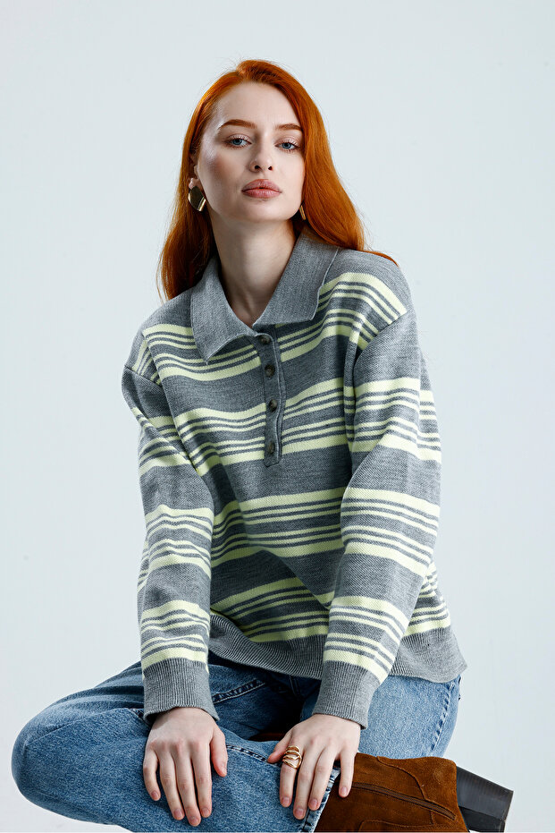 Striped Polo Collar Knit Sweater