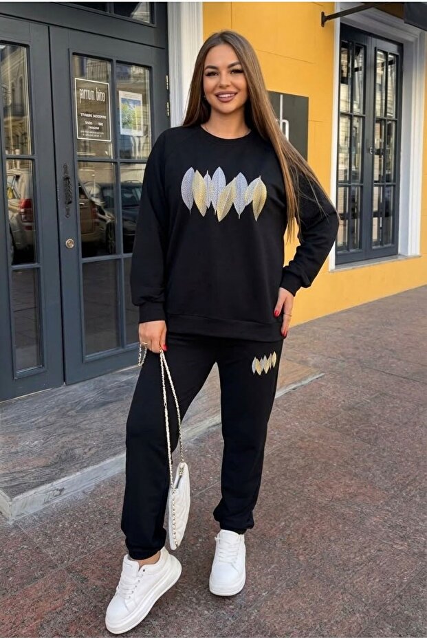 Women's Plus Size Long Sleeve Leaf Patterned Tracksuit Set 8301-27