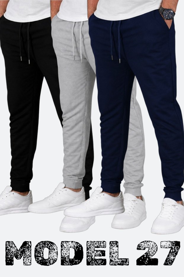 Set of 3 Unisex Ribbed Sweatpants Regular Black Gray Navy Blue Color Sports Sweatpants
