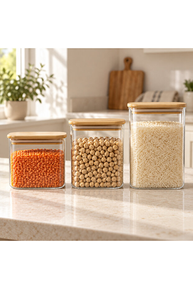 3-Piece Rectangular Bamboo Lid Glass Jar Set 650ml, 750ml and 1000ml
