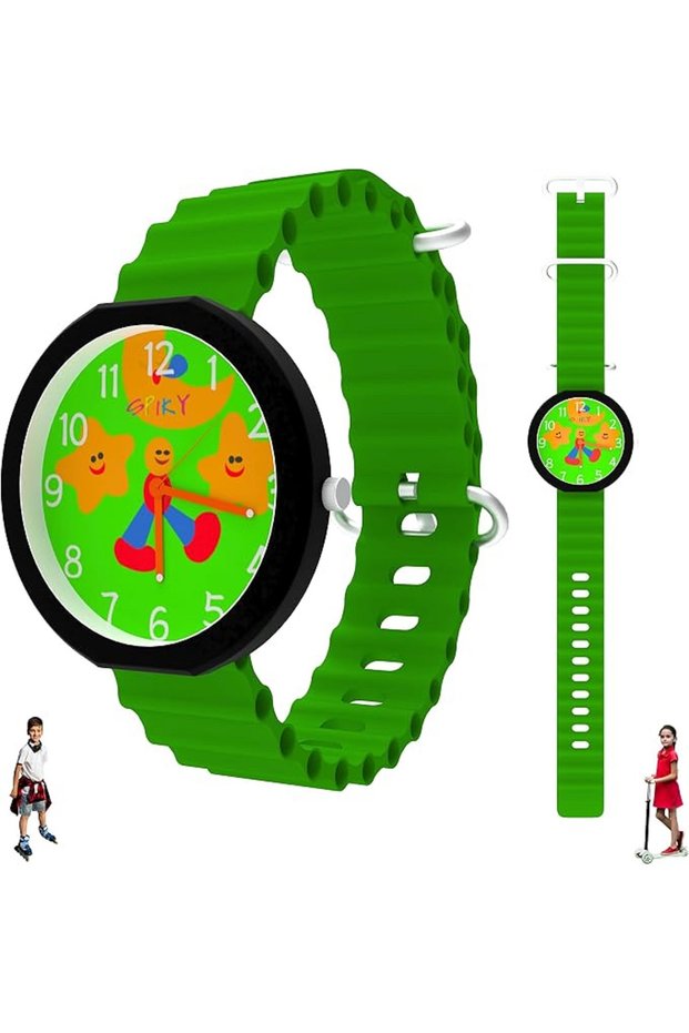 Round Analog Kids Watch for Boy and Girls 30M Water Resistant, Unbreakable Silicone Textured Strap, Printed Star Moon Dial -Green