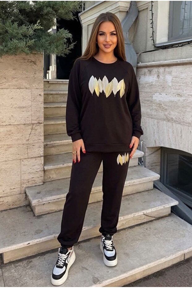 Women's Plus Size Long Sleeve Leaf Patterned Tracksuit Set 8301-27