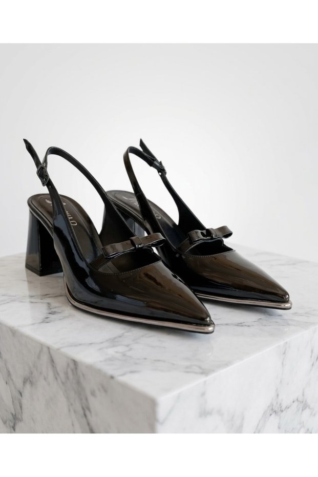 Women's Black Patent Leather Pointed Toe Bow Detailed Sole with Nickel Detail Thick Heel 7.3cm Length Casual Comfortable Shoes