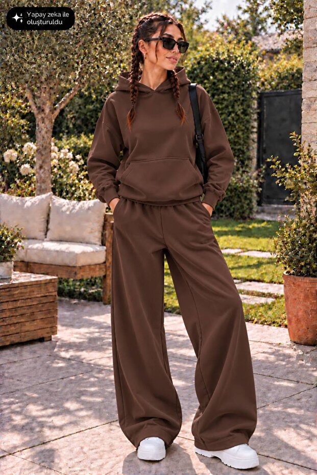 Women's Hooded Wide Leg Two-Piece Tracksuit Set with Kangaroo Pockets Oversize