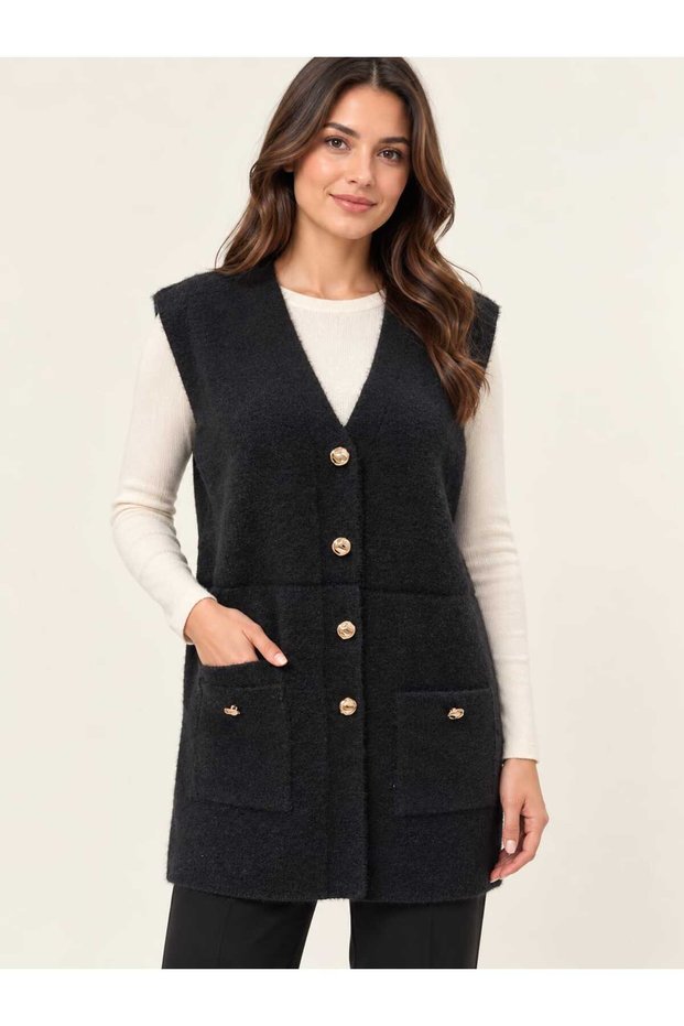 Asez Boutique Women's V-Neck Buttoned Pocketed Long Plush Knitwear Vest 9072
