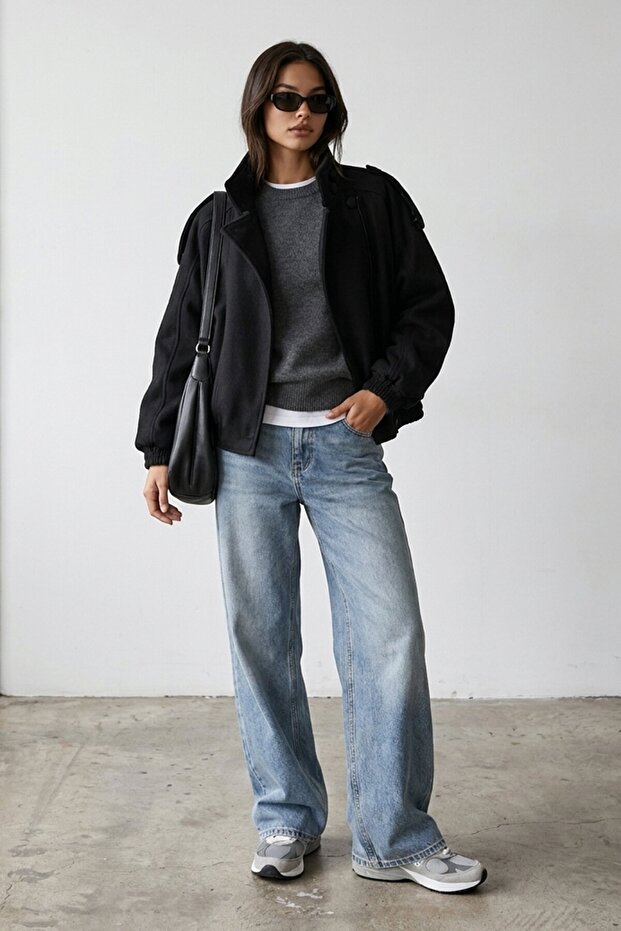 Shoulder epaulet stand collar stamp bomber jacket
