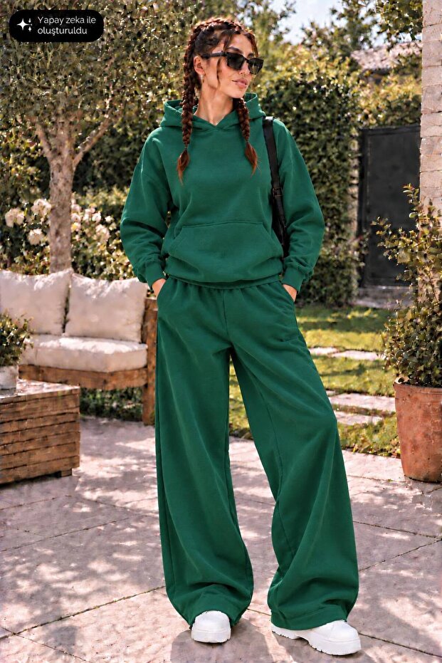 Women's Hooded Wide Leg Two-Piece Tracksuit Set with Kangaroo Pockets Oversize