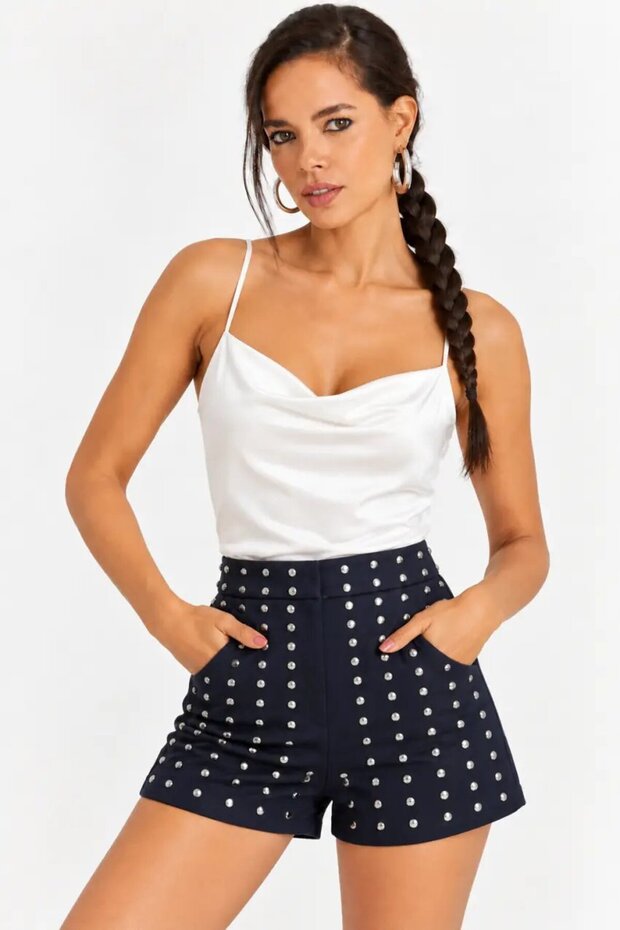 Navy Blue Staple Detailed High Waist Women's Shorts