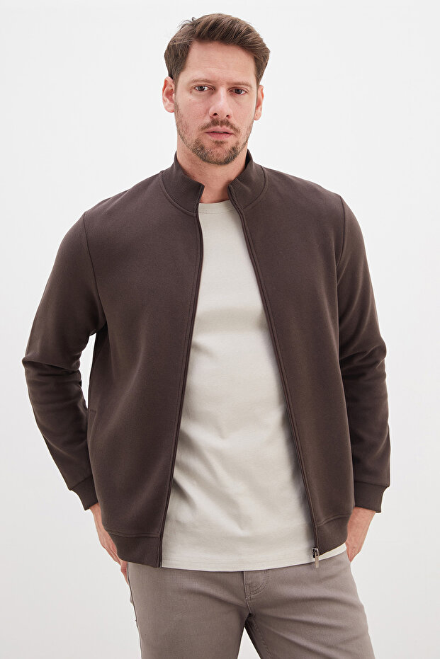 Ribbed Collar Zippered Regular Fit Jacket