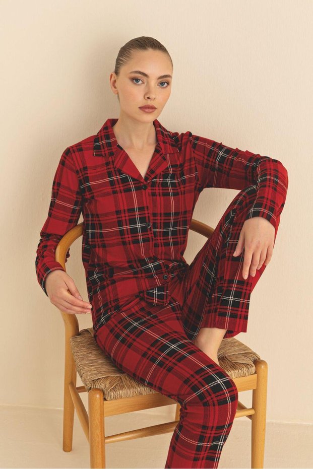 Long Sleeve Warm Luxury Soft Christmas Themed Plaid Patterned Pajama Set