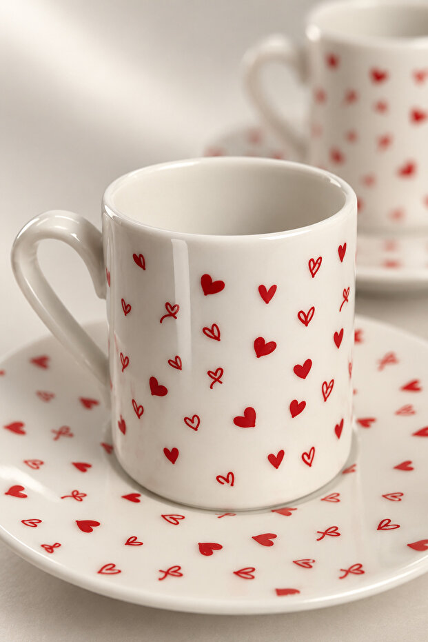 Nazen Heart Bow Patterned 4 Piece Turkish Coffee Cup Set for 2 People Gift