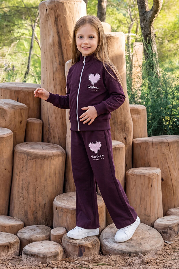 Heart Printed Stand Collar Zippered Girls' 2-Piece Set