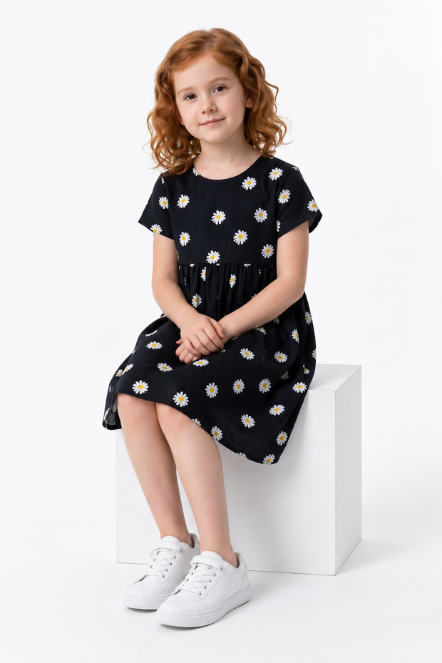 Girls Daisy Patterned Short Sleeve Casual and Special Occasion Dress