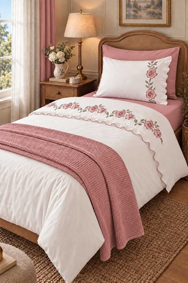 Rosalin Rose Embroidered and Ruffled 100% Cotton 5 Piece Single Duvet Cover Set