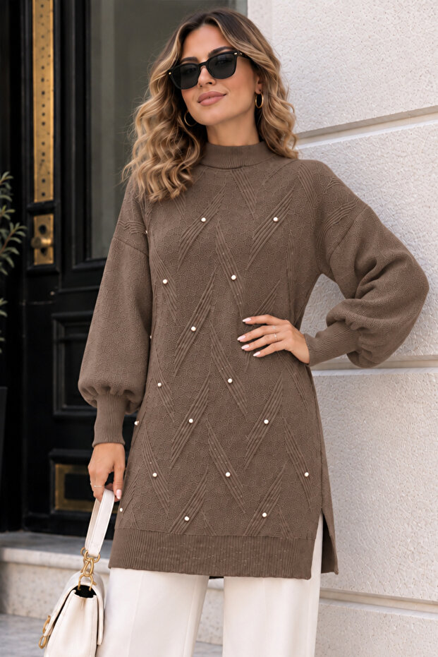 Stone Detailed Knitwear Sweater K6035 Mink