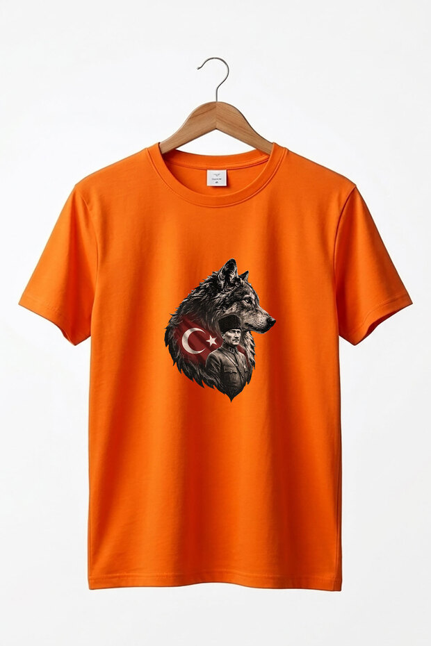 Ataturk Turkish Flag and Wolf Printed Turkish Republic Bozkurt 100% Cotton Crew Neck Basic T-Shirt