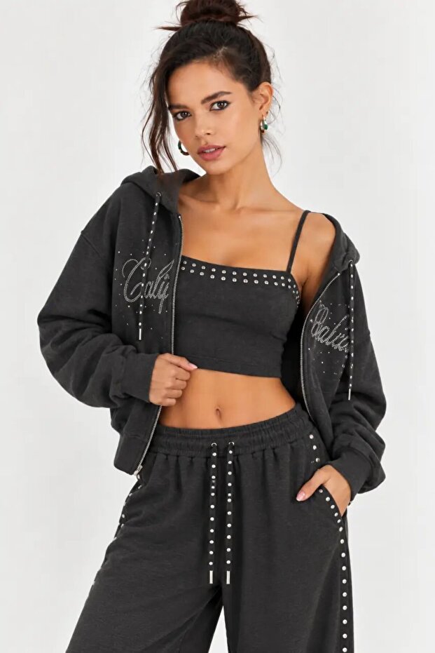 Anthracite Staple Embroidered Oversize Crop Cardigan & Thin Strap Tank Top Two-Piece Set