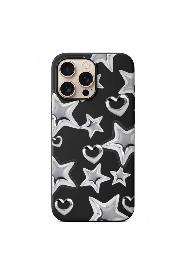 غطاء هاتف بتصميم قلب مزين بنجوم فضية، متوافق مع هاتف iPhone 11 (WV66).