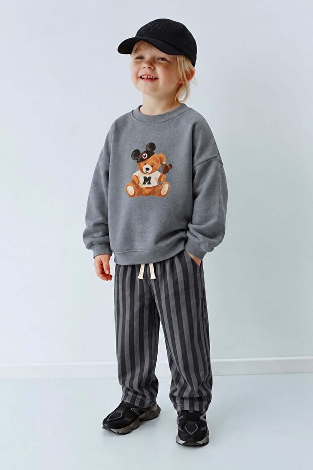 Boy's Anthracite Teddy Bear Printed Sweatshirt and Striped Sweatpants Top and Bottom Set