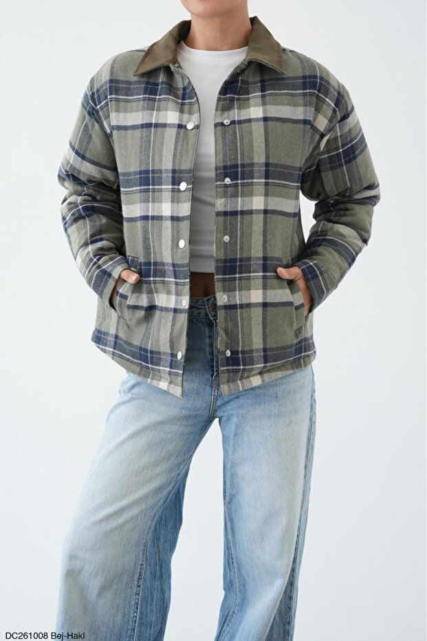 Women's Snap Fastener Plaid Quilted Premium Jacket