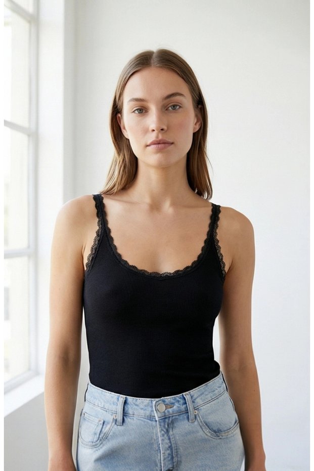 Women's Black Regular Fit Lace Detailed Thin Strap Hollow Neck Tank Top – and Stylish Design