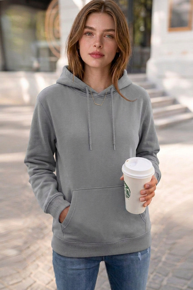 Women's Light Smoked Winter 3-Strand Fleece Hooded Oversize Sweatshirt with Kangaroo Pocket