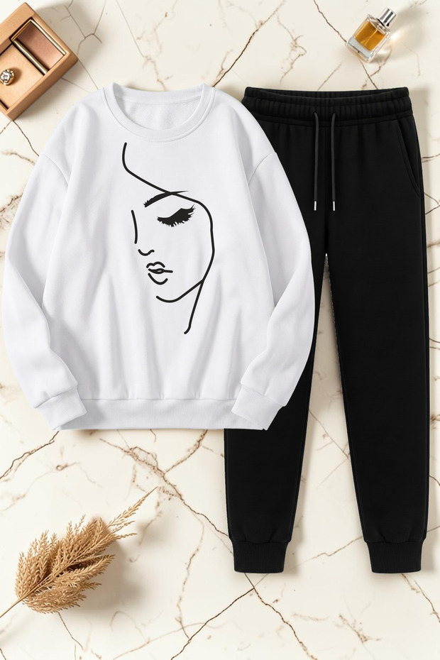 Unisex Silhouette Printed Crew Neck Sweatshirt - 2-Piece Tracksuit Set