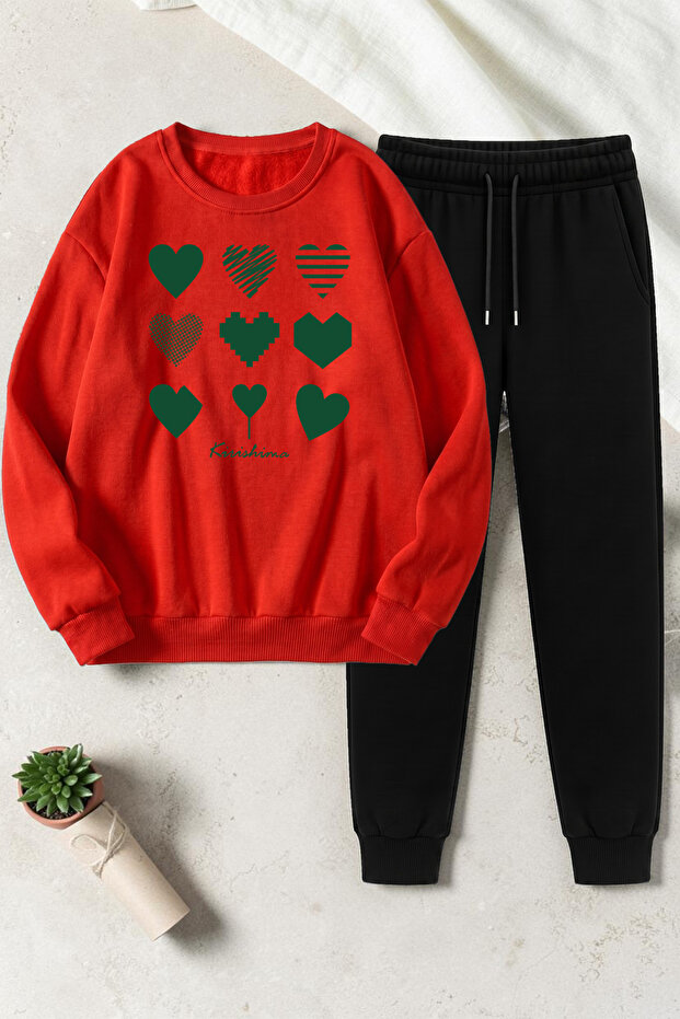 Unisex Ribbon Printed Crew Neck Sweatshirt - 2-Piece Tracksuit Set
