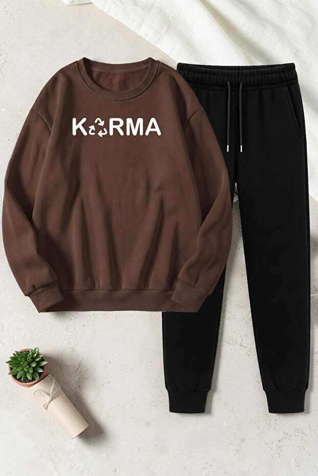 Unisex Mixed Print Crew Neck Sweatshirt - 2-Piece Tracksuit Set