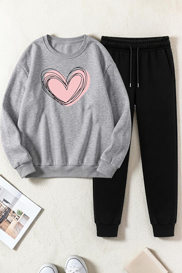 Unisex Cream Heart Printed Crew Neck Sweatshirt - 2-Piece Tracksuit Set