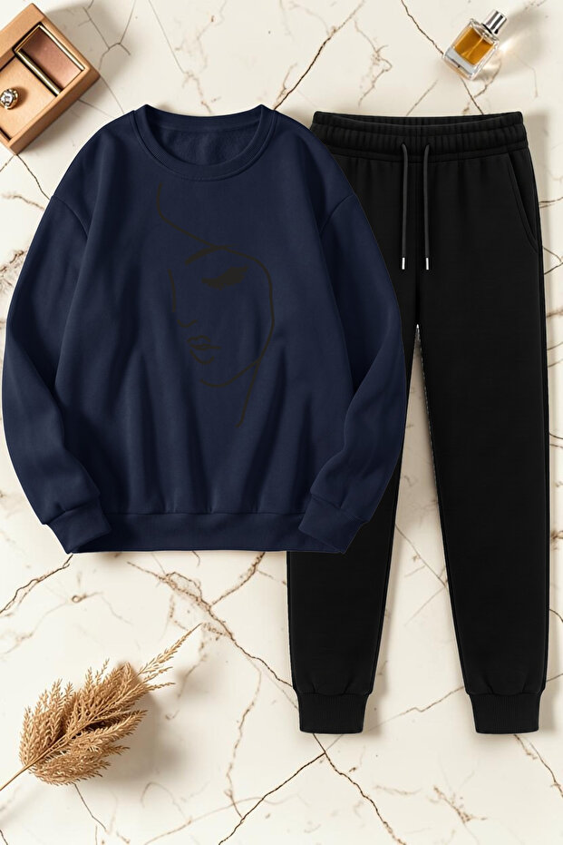 Unisex Silhouette Printed Crew Neck Sweatshirt - 2-Piece Tracksuit Set