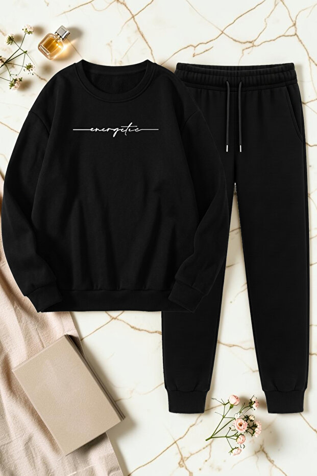 Unisex Energetic Printed Crew Neck Sweatshirt - 2-Piece Tracksuit Set