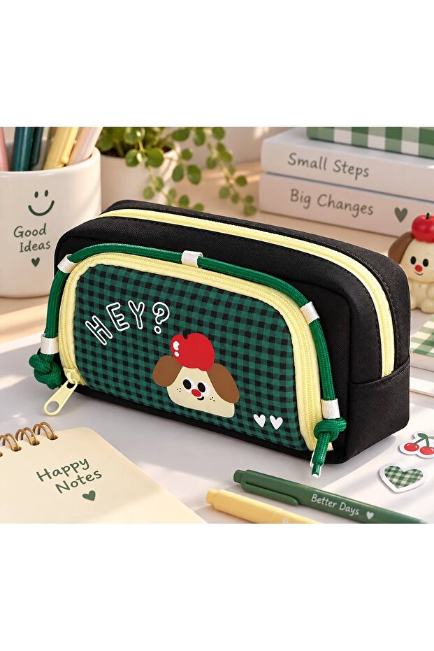 Multi-Compartment, Two-Compartment, Large Volume, Cute Dog Plaid Pattern, Unisex, for Girls and Boys, Elementary School, Middle School, High School, Pencil Holder, Pencil Case, Bag