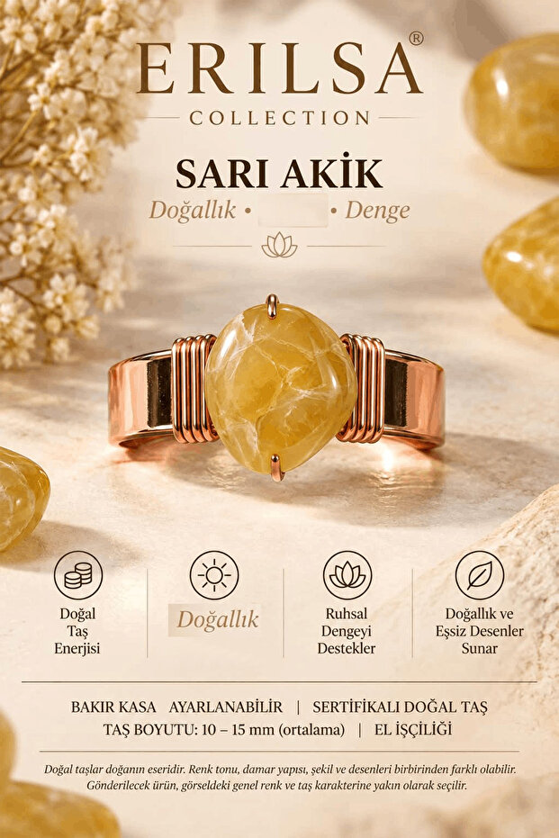 Certified Yellow Agate Stone Natural Stone Ring Copper Case Adjustable Handcrafted
