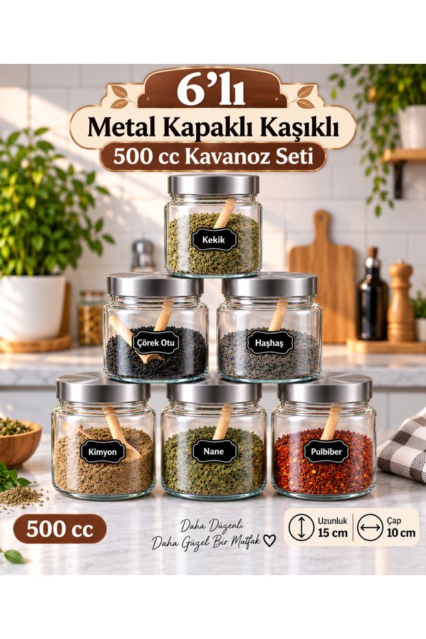 6-Piece Metal Vacuum Lid Glass Container with Spoon 500 Cc Spice Storage Container Spice Set Tea Sugar Salt Coffee Jar Set