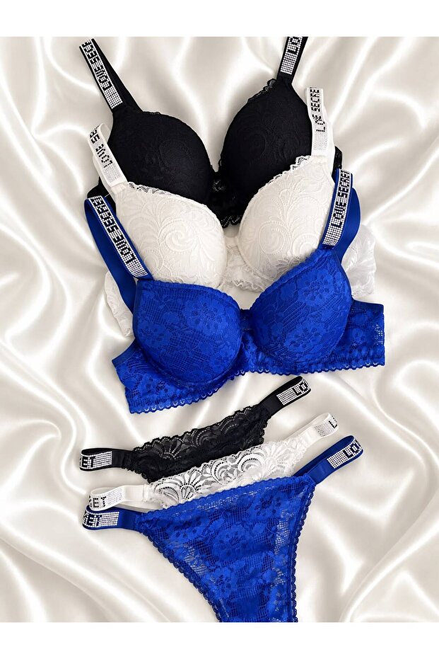 Women's lace stone underwire support padded push-up bra set lingerie set triple set