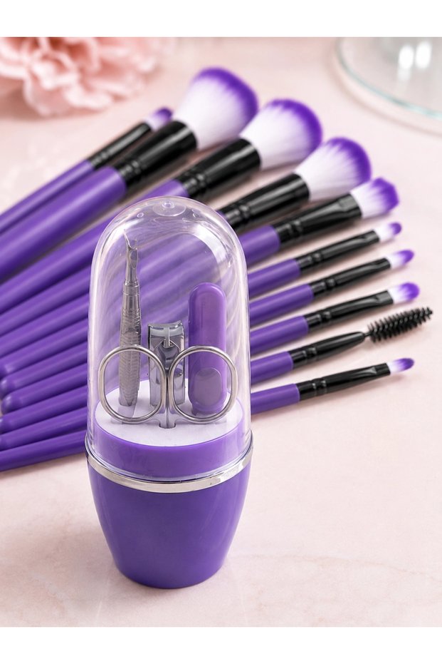 Makeup and Nail Care Set 12-Piece Purple Makeup Brushes Manicure Pedicure Set Daily Personal Care Package