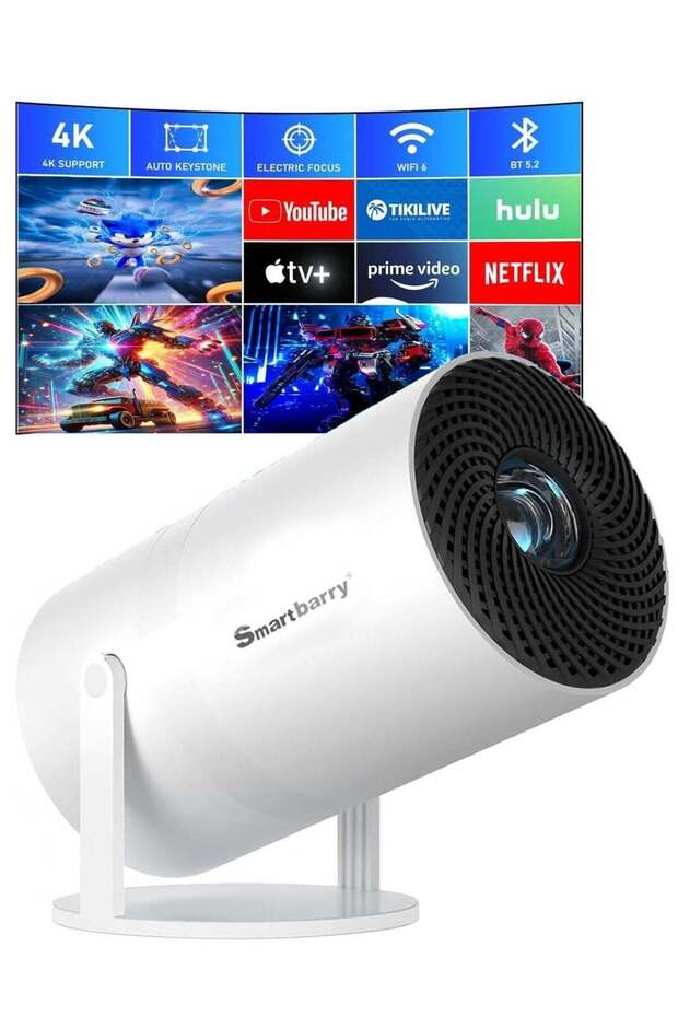 Smartbarry 4K 1080P Mini Projector with WiFi & Bluetooth Portable Premium Android OS Projector, 210° Rotatable Stand, 8000+ Built-in Apps, Dust Removal & Heat Dissipation Design