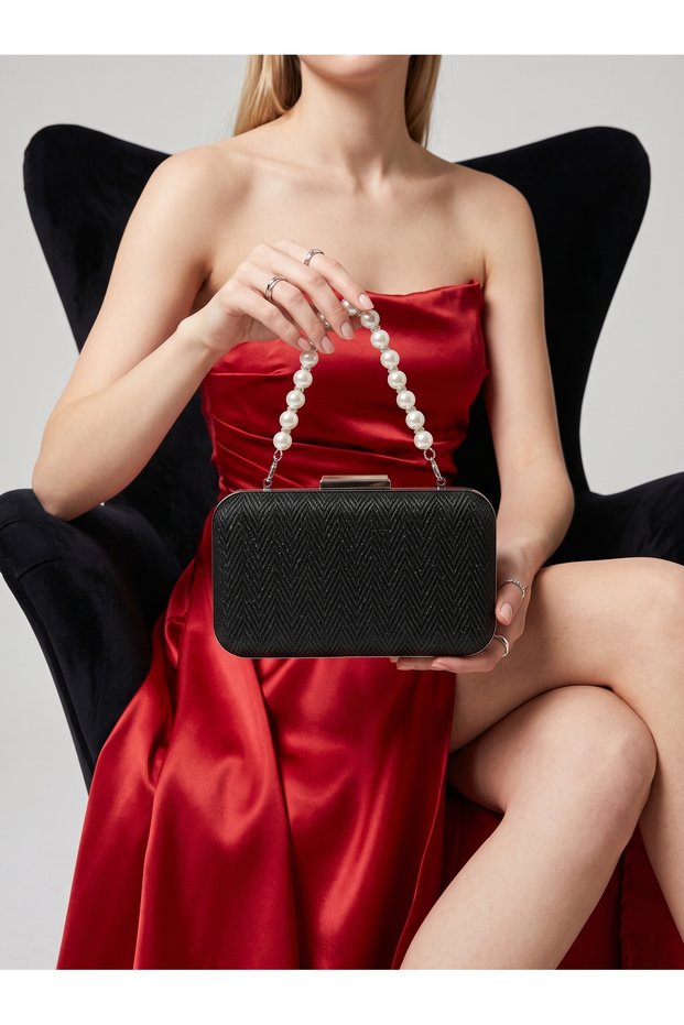 Black Zigzag Laser Patterned Silver Metal Detailed Pearl Handle Chain Strap Women's Evening Dress Bag Wedding Engagement Graduation