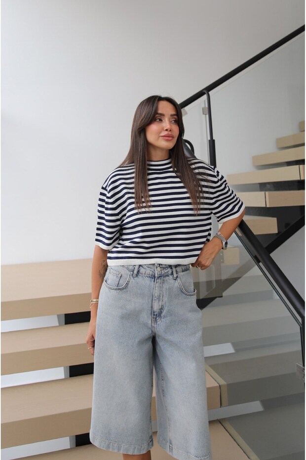 Navy Blue Striped Short Sleeve Knitwear