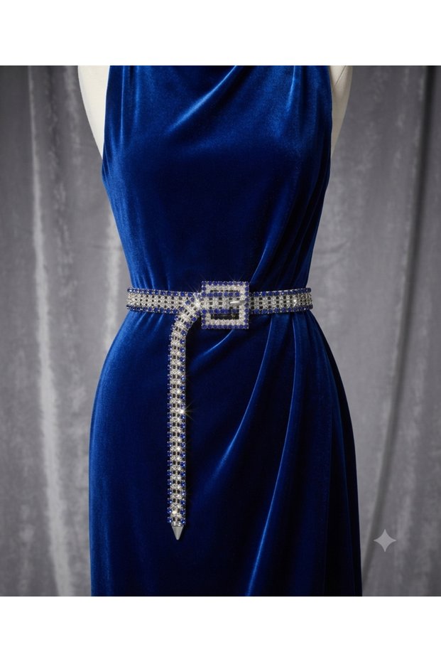 Blue and Crystal Silver Stone Belt with 4 Rows of Stone Buckles