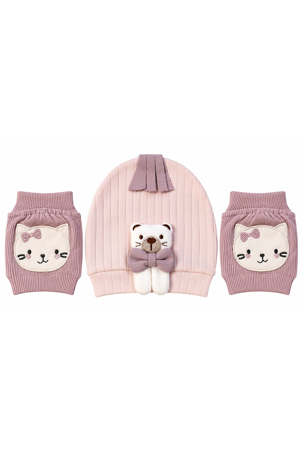 Baby Teddy Bear Hat and Knee Protector Set 2 Piece Cat Pattern Crawling Knee Pad Set