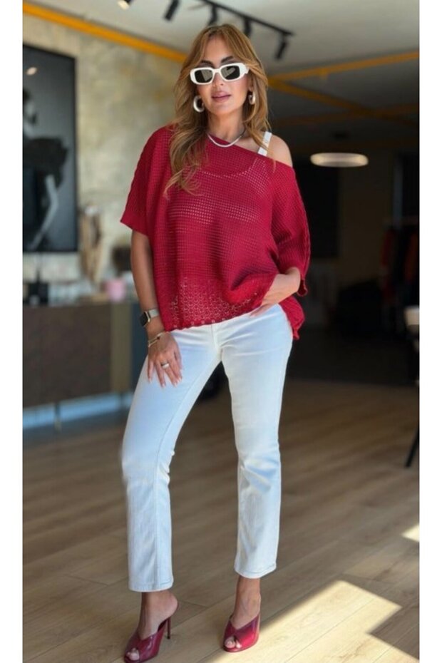 Women's boat neck short sleeve openwork knit sweater